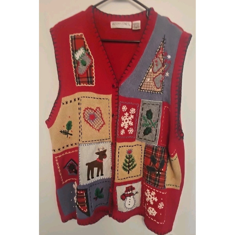 VTG OHI Womens Christmas Sweater Vest Cardigan L Patchwork Cottagecore 90s Red